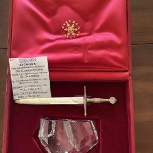 Stueben Excalibur- Sword in the stone Crystal paper weight with letter opener